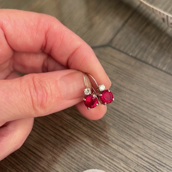 Vintage Sterling Silver Red Gem Hook Wire Earrings - Picture 2 of 12